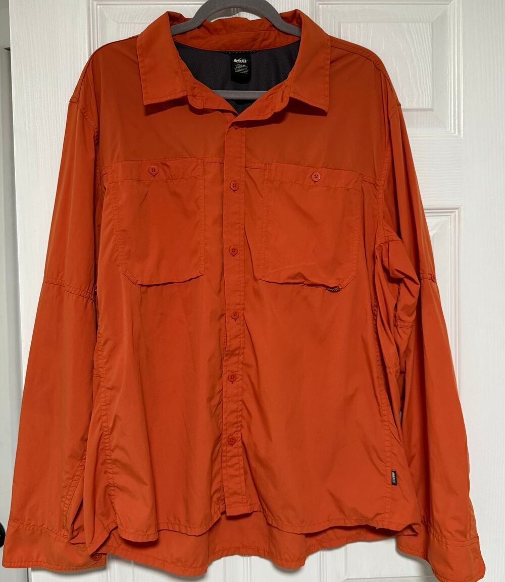 REI Coop Men's Orange Nylon Roll Tab Sleeve Vented Button Down Shirt Size XL